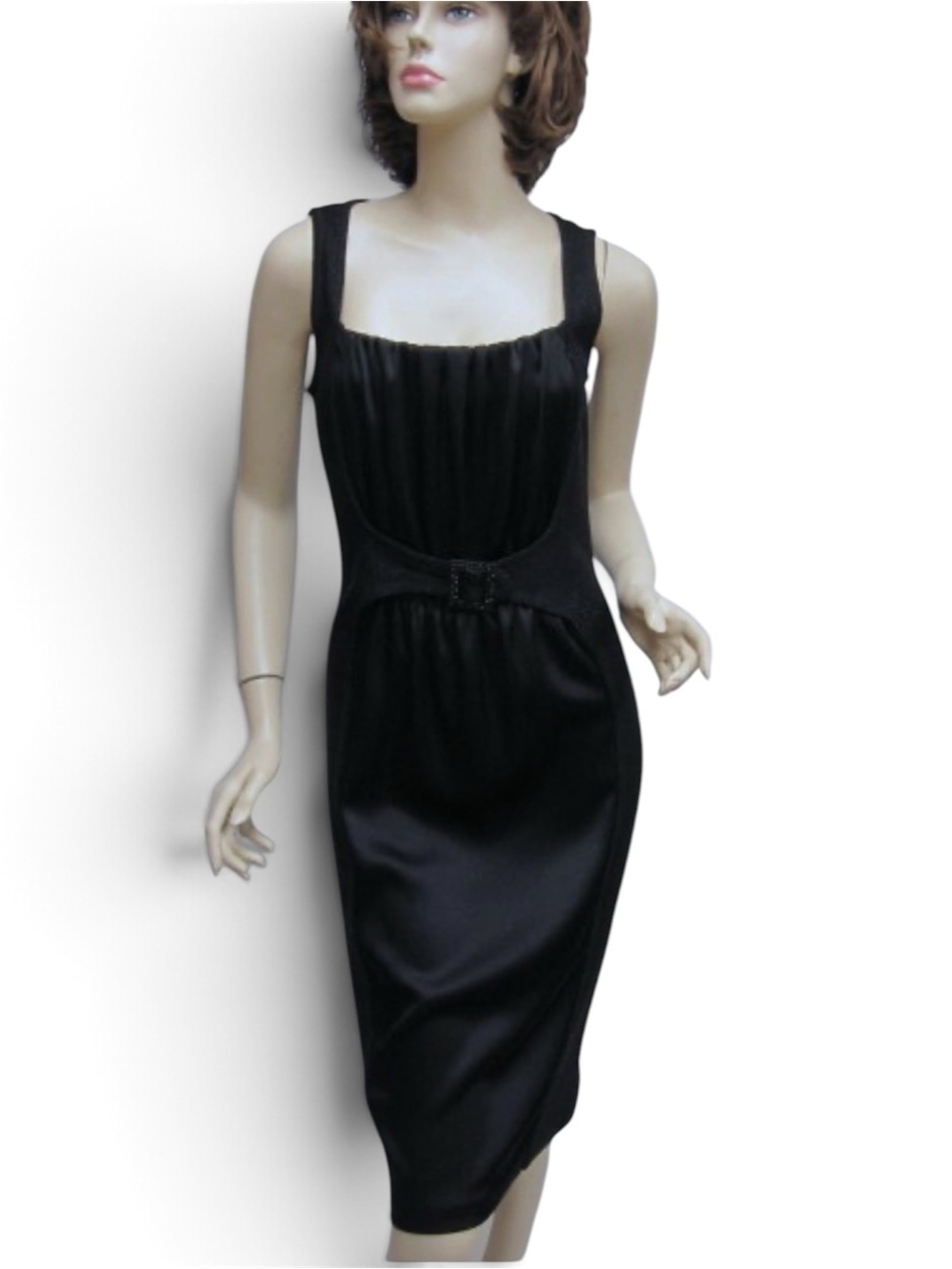 ST. JOHN Black Knit/Satin Sheath Dress with buckle